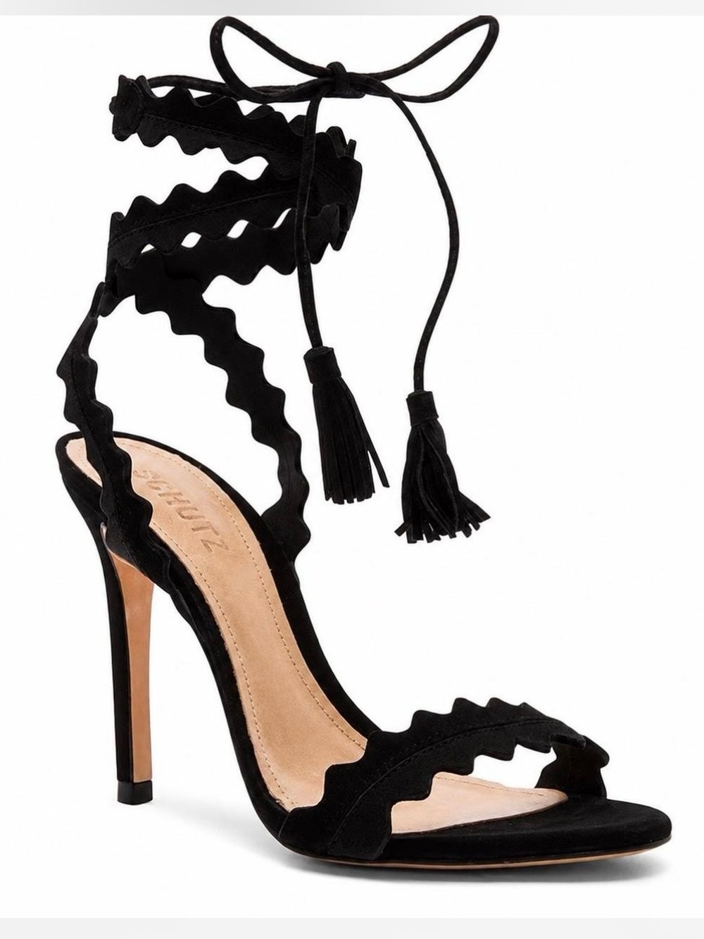 Shutz Black Scallop Wavy Boho Lace-Up High Heel Sandals Women’s 8M